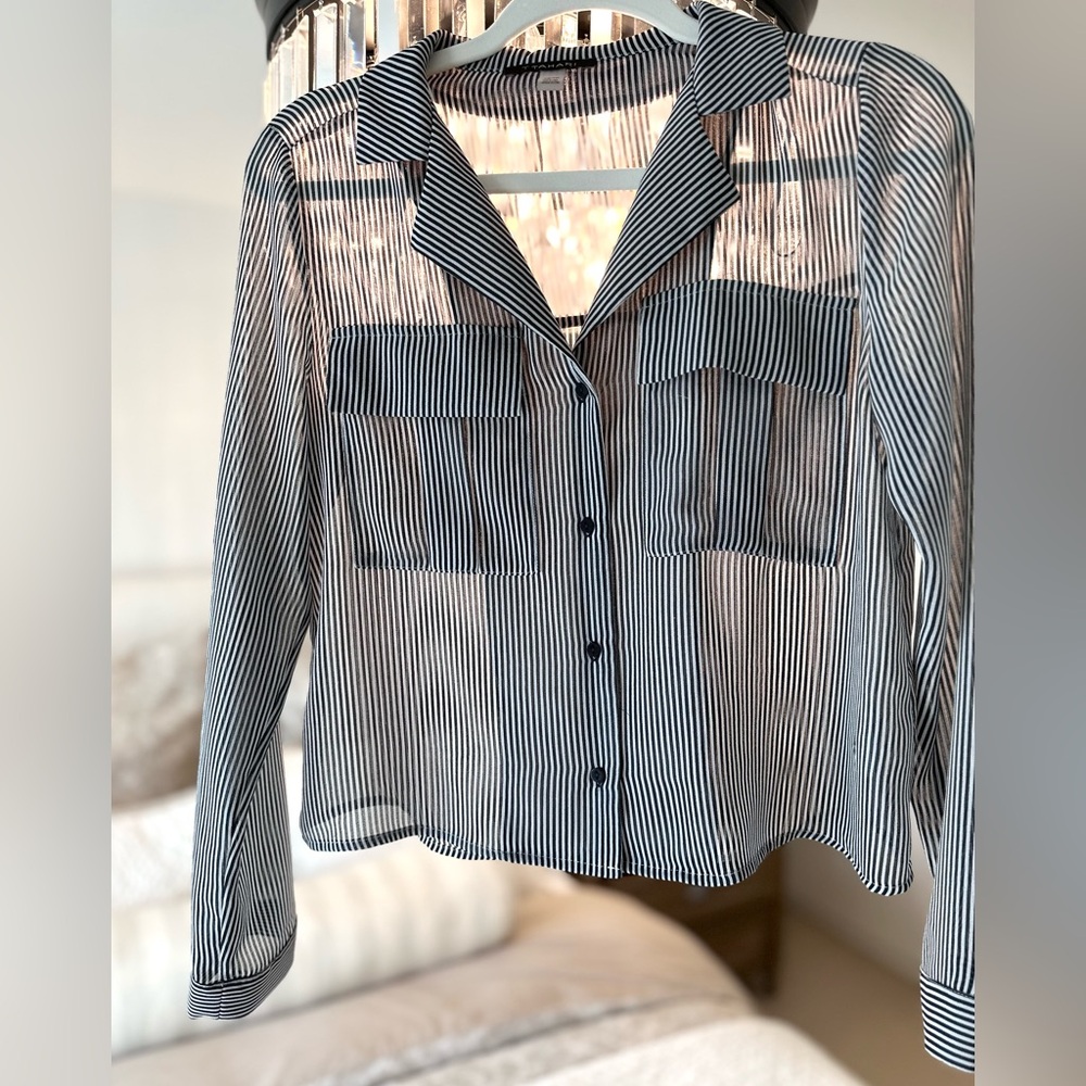 TAHARI Striped Sheer Button-Up Blouse in Navy and White - XS